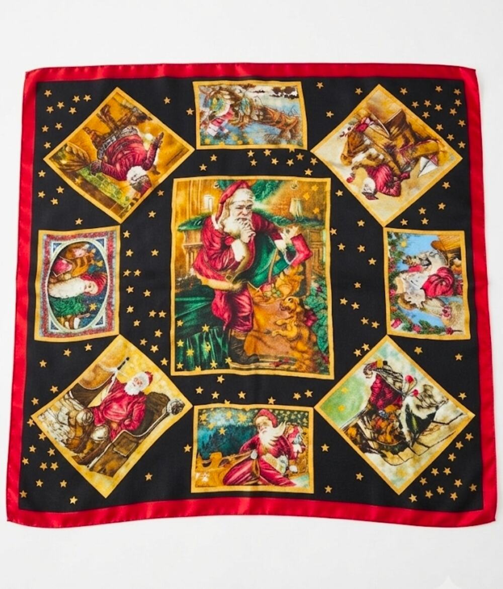 Vintage Old World Holiday Santa Scarf 100% Polyester Made In Korea Square
